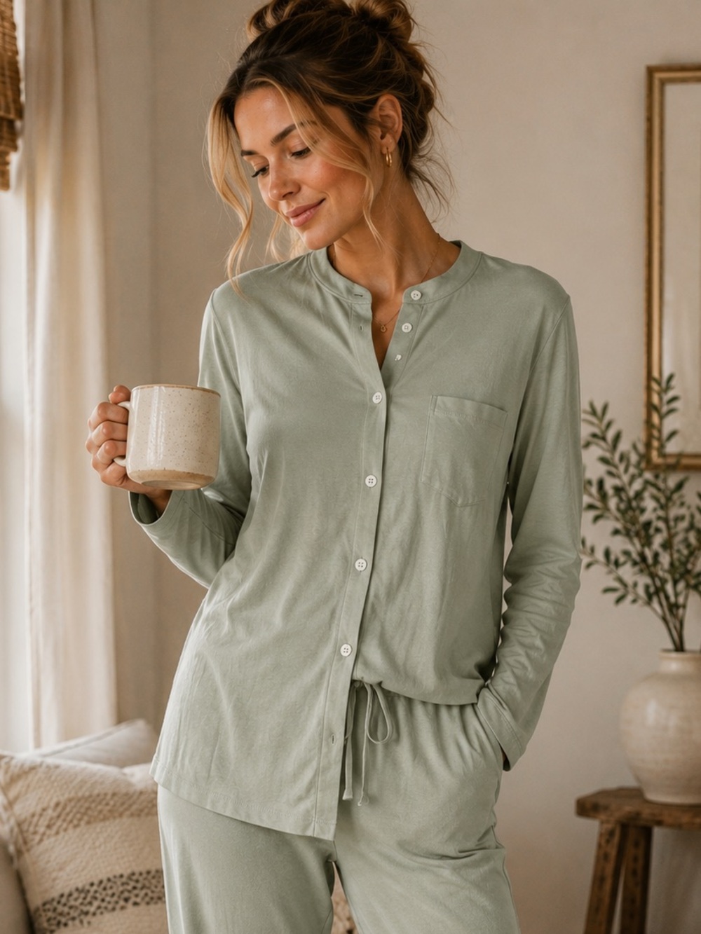 MY PILLOW MY SLEEPWEAR 100% Pima Cotton Long sleeve Lounge Tunic in Sage Green M